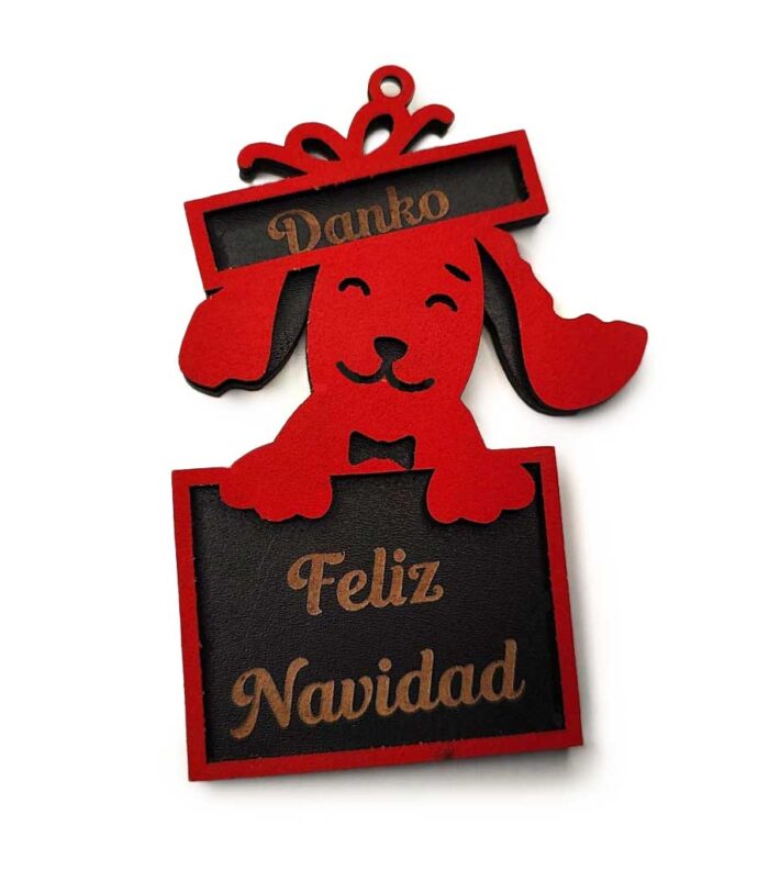 Adorno navideño en madera de mascota bicapa con forma de regalo