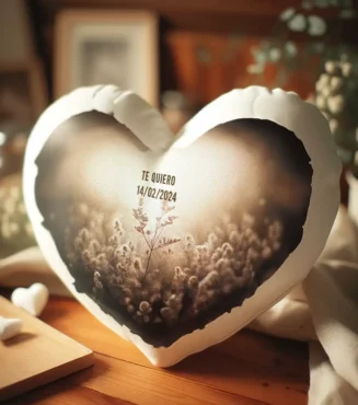cojín con forma de corazón con fotografía impresa